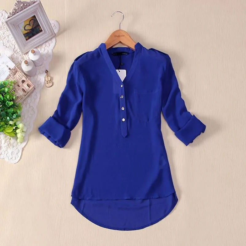 Loose Solid Color Long Sleeve Chiffon Women Blouse Chiffon Blouse Metal Buckle V-neck Shirt