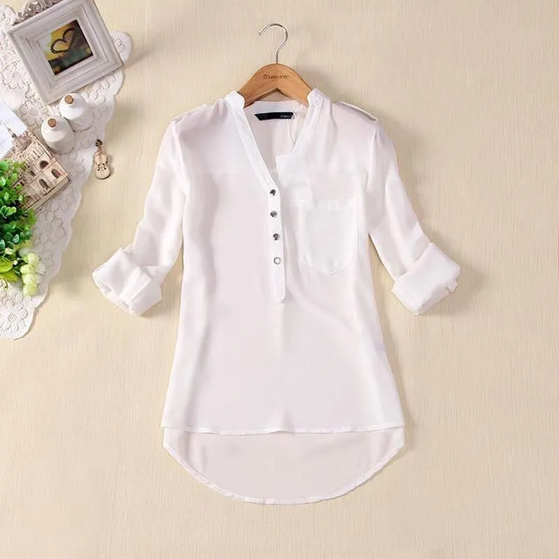 Loose Solid Color Long Sleeve Chiffon Women Blouse Chiffon Blouse Metal Buckle V-neck Shirt