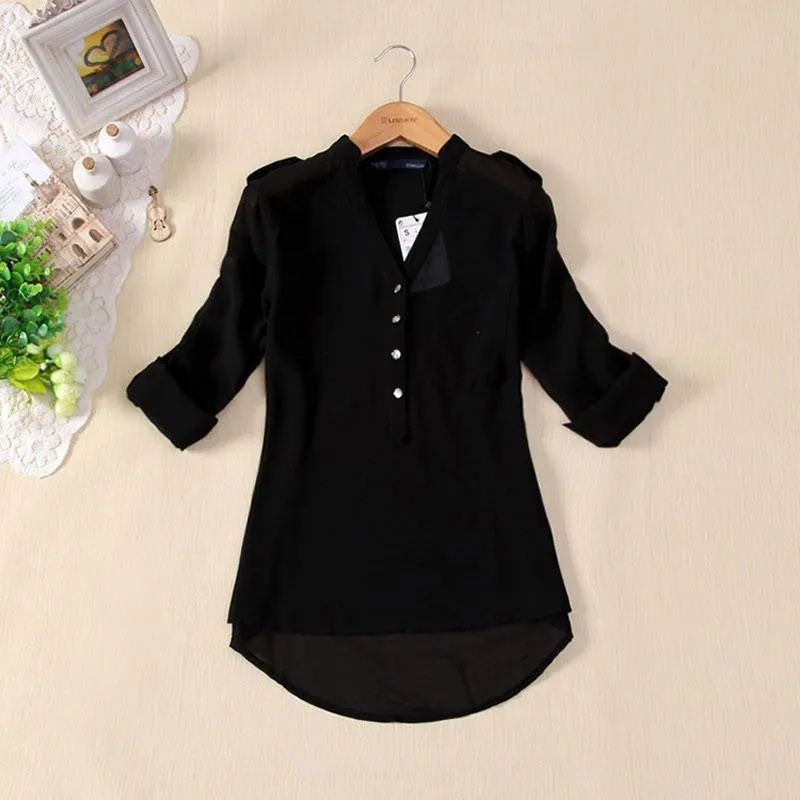Loose Solid Color Long Sleeve Chiffon Women Blouse Chiffon Blouse Metal Buckle V-neck Shirt
