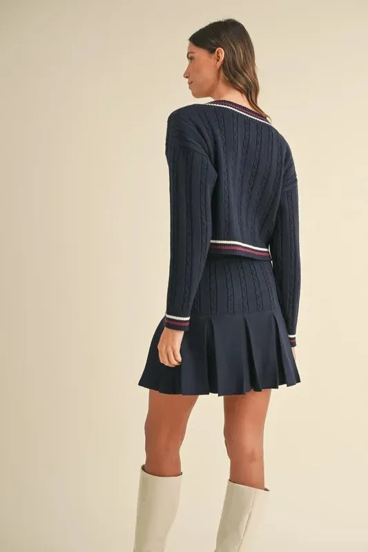 MABLE Cable-Knit Top and Pleated Skirt Sweater Set
