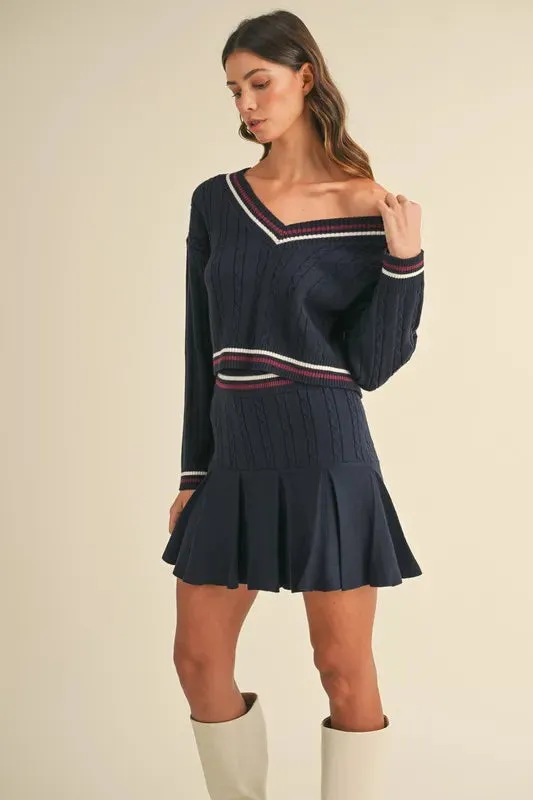 MABLE Cable-Knit Top and Pleated Skirt Sweater Set