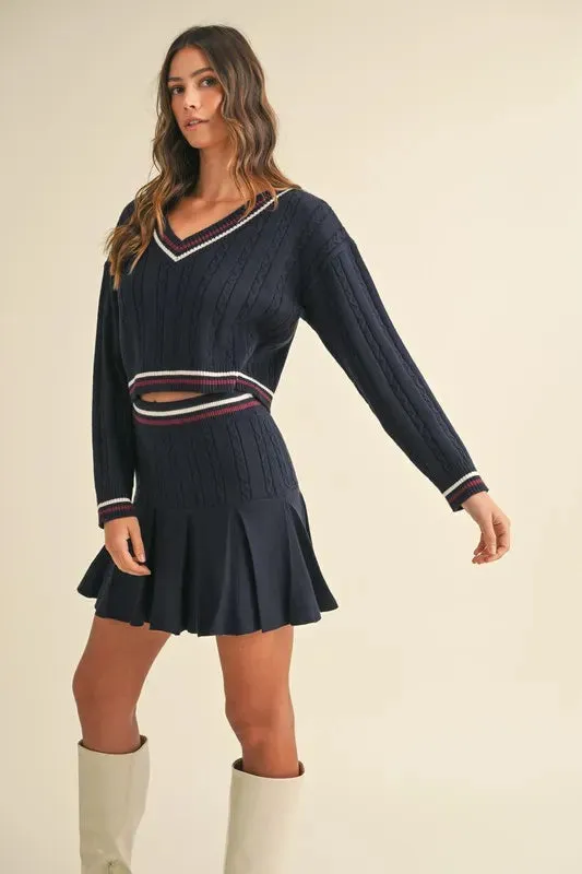 MABLE Cable-Knit Top and Pleated Skirt Sweater Set