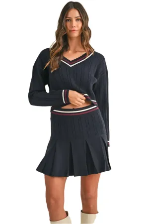 MABLE Cable-Knit Top and Pleated Skirt Sweater Set