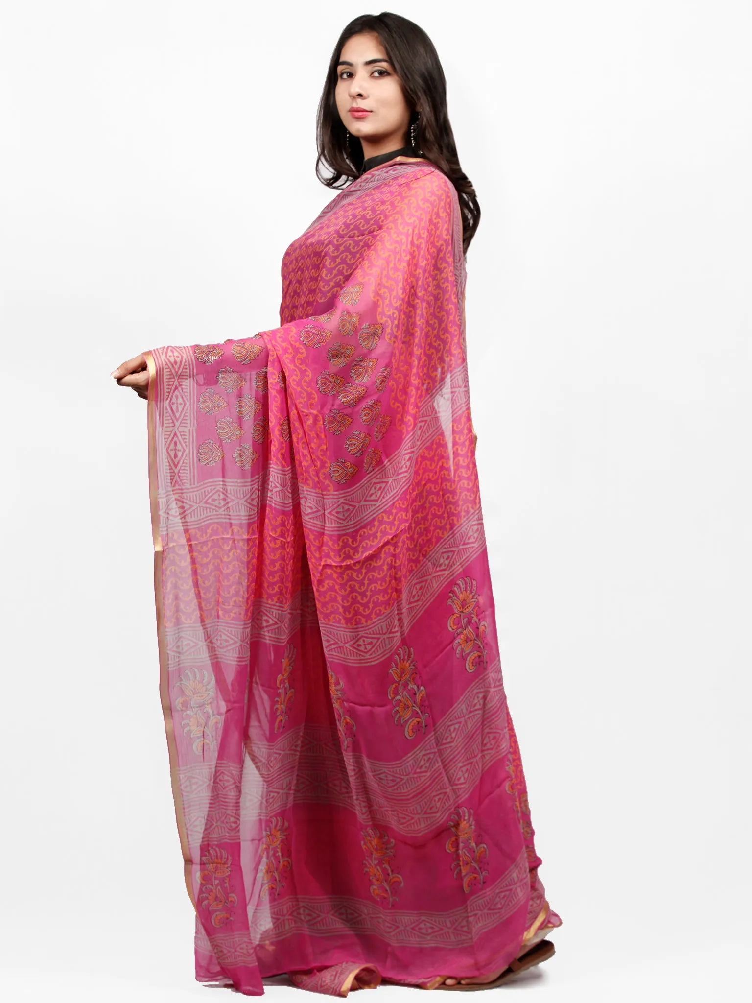 Magenta Pink Yellow Hand Block Printed Chiffon Saree with Zari Border - S031703256