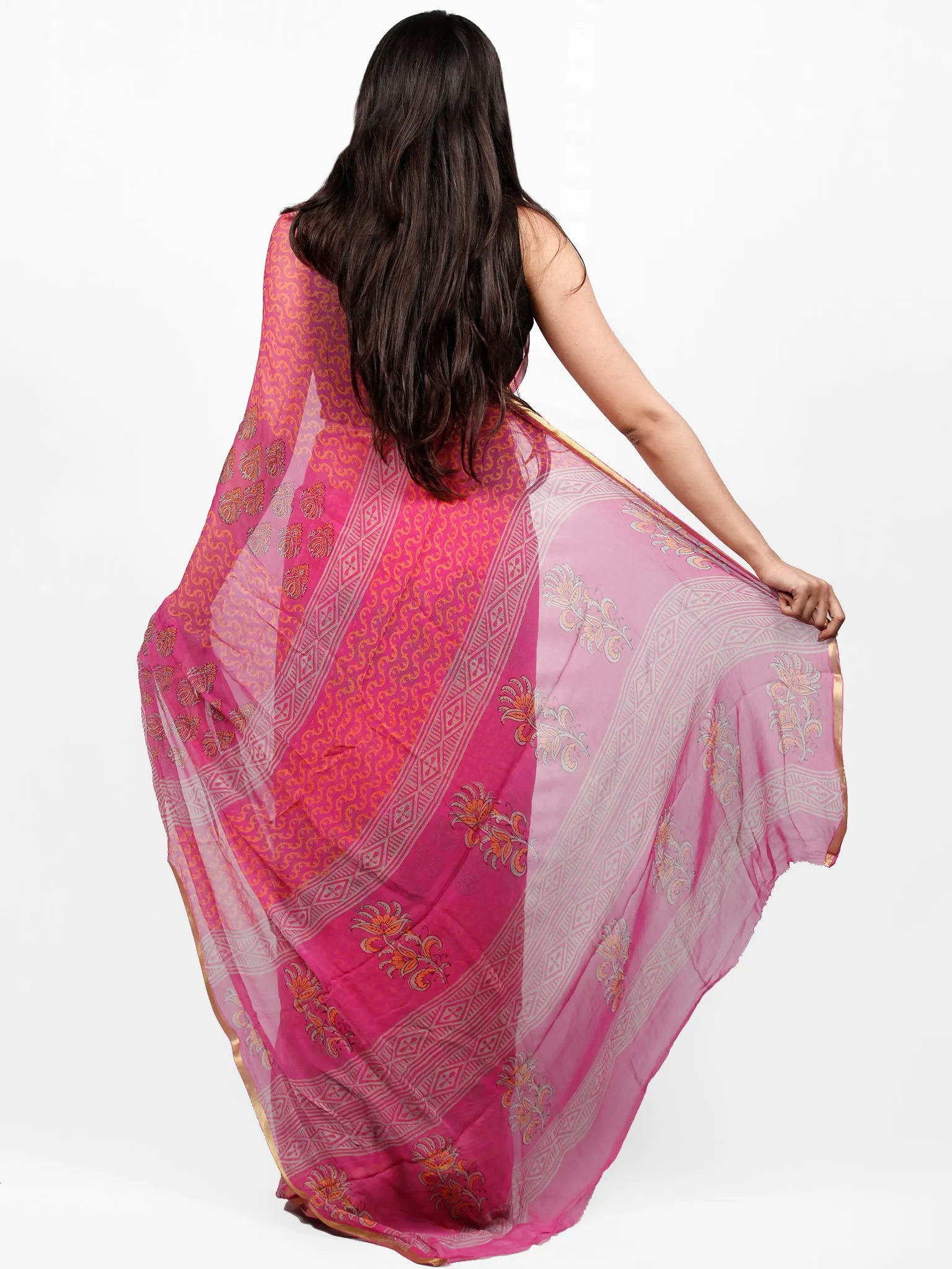 Magenta Pink Yellow Hand Block Printed Chiffon Saree with Zari Border - S031703256