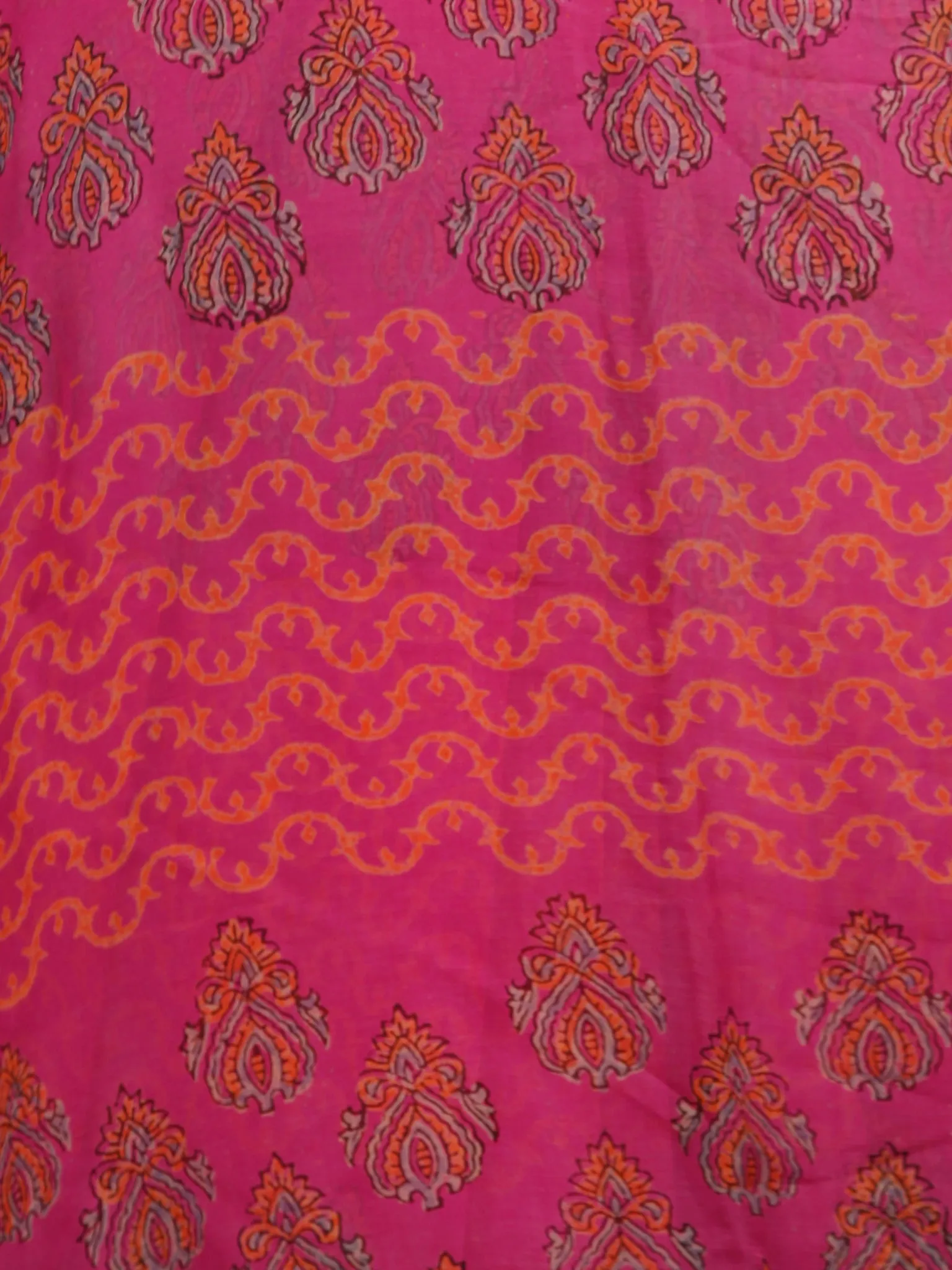 Magenta Pink Yellow Hand Block Printed Chiffon Saree with Zari Border - S031703256