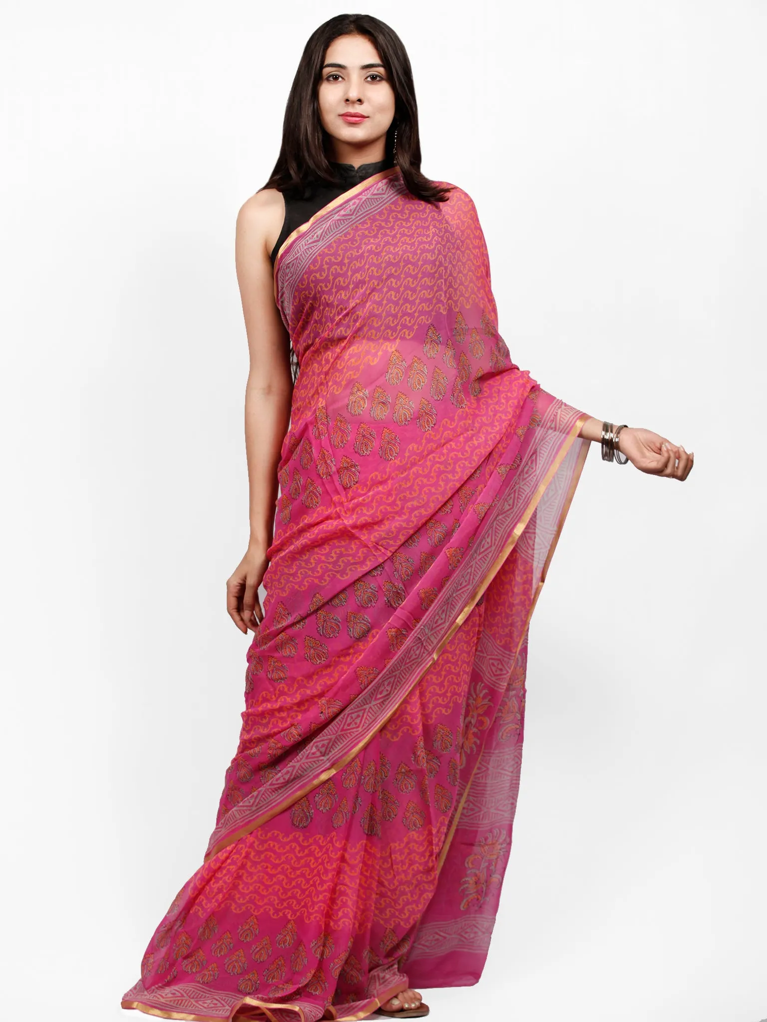 Magenta Pink Yellow Hand Block Printed Chiffon Saree with Zari Border - S031703256
