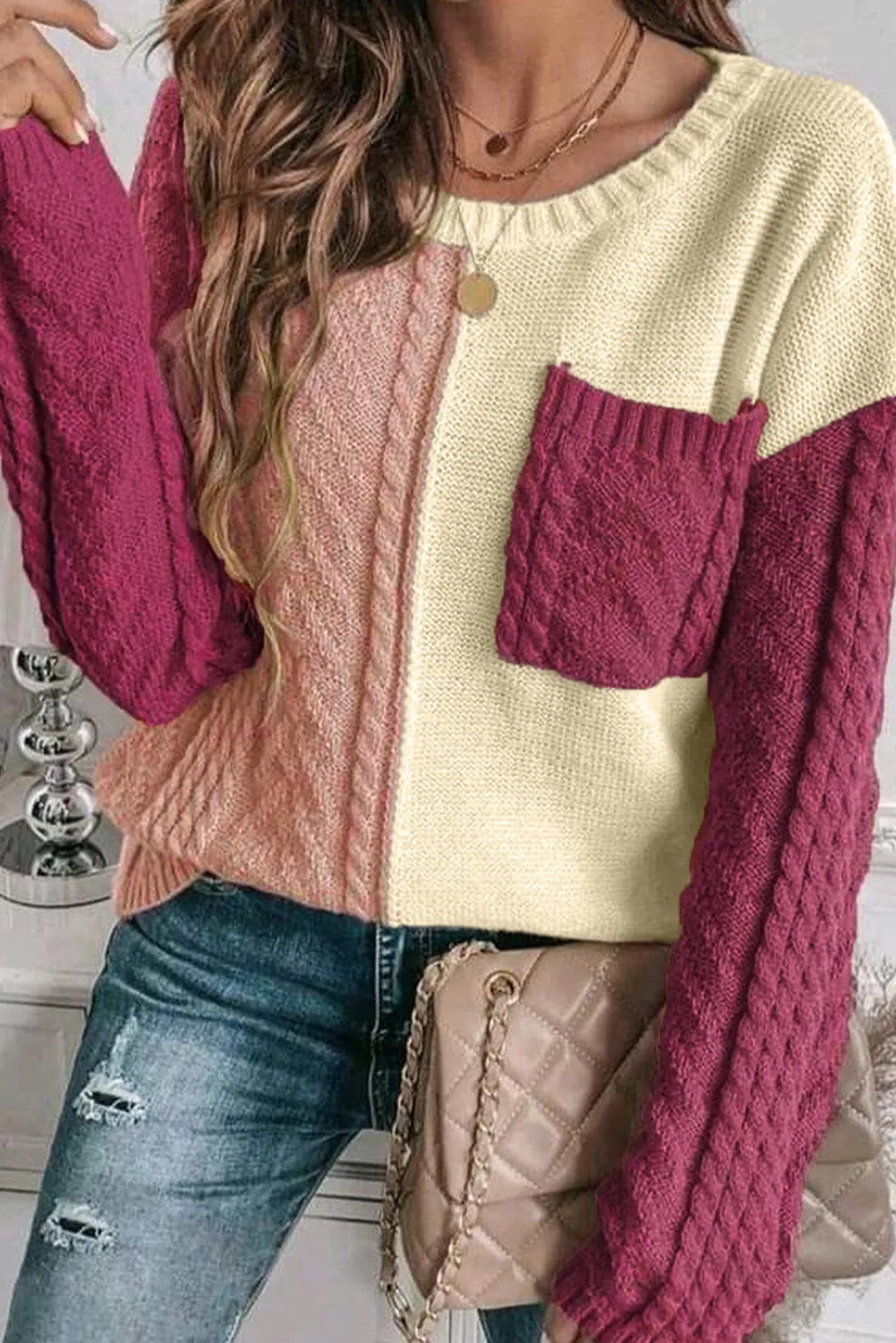 Mist Green Plus Size Cable Knit Color Block Drop Shoulder Sweater
