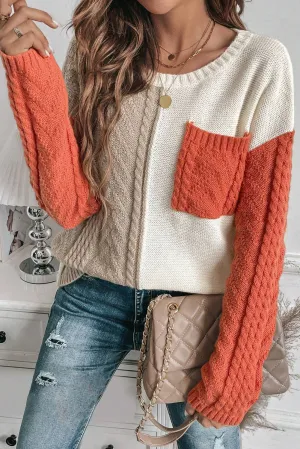 Mist Green Plus Size Cable Knit Color Block Drop Shoulder Sweater