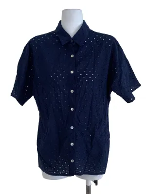 Navy Blue Eyelet Lace Buttoned Down Shirt