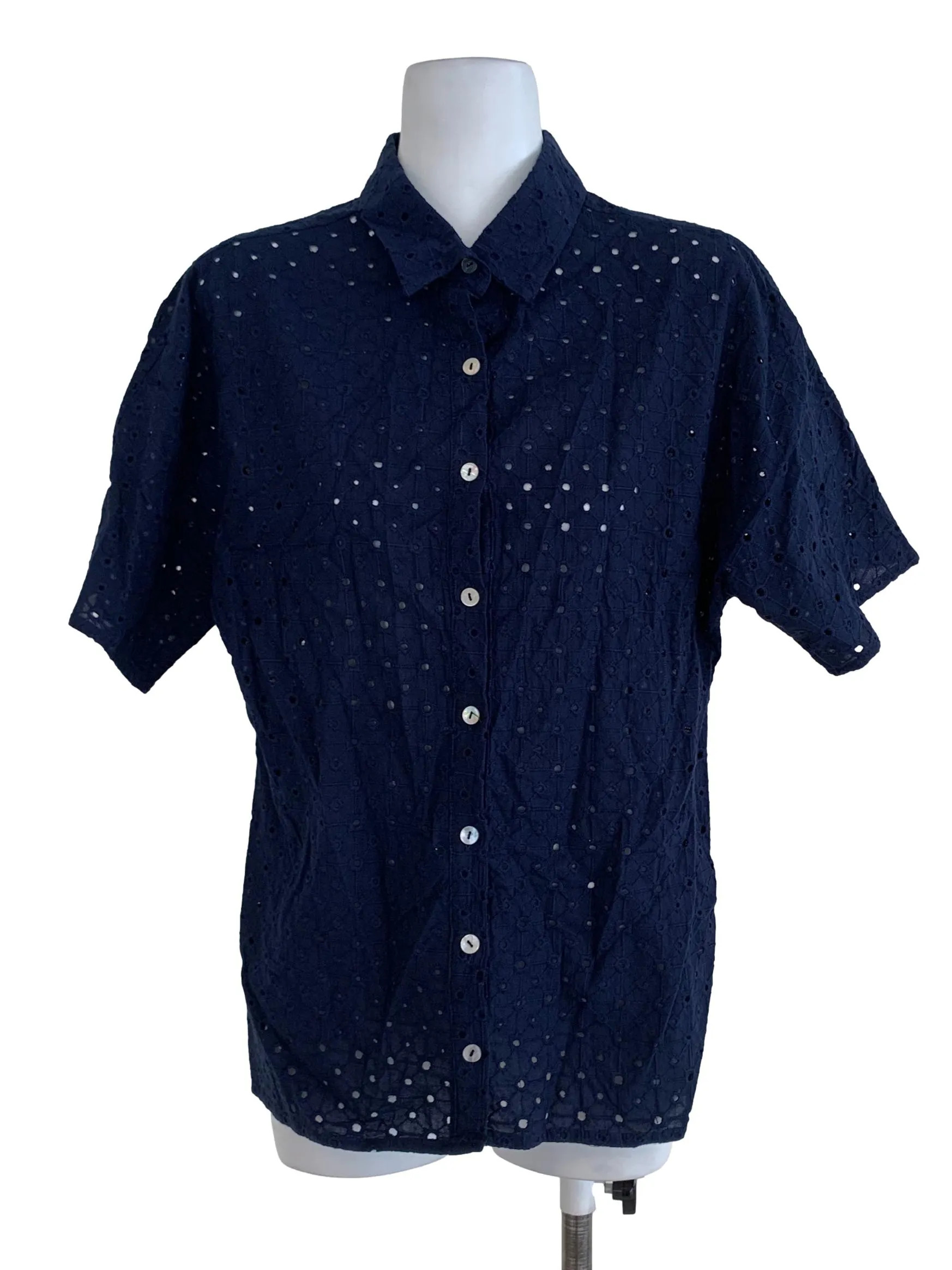 Navy Blue Eyelet Lace Buttoned Down Shirt