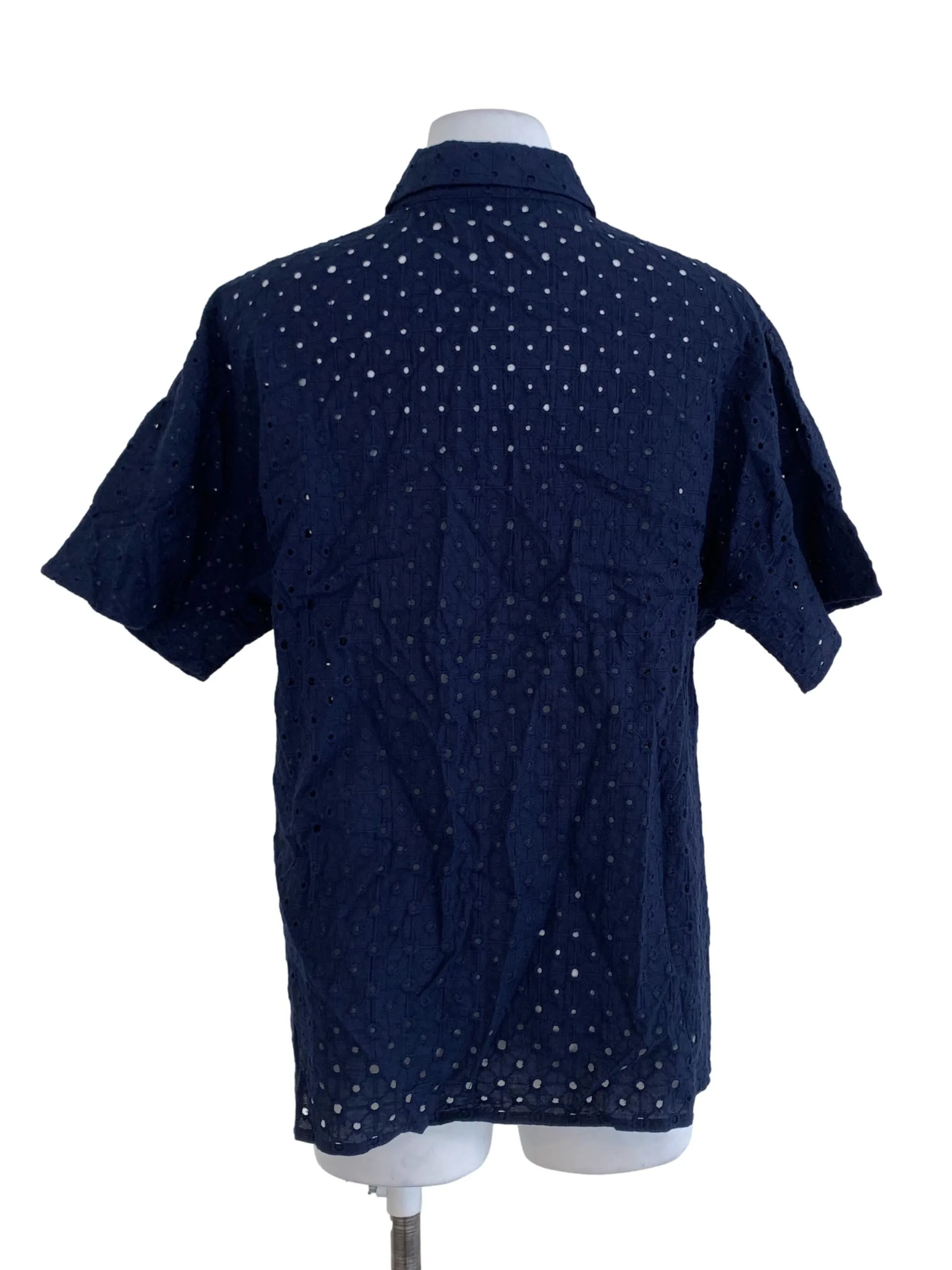 Navy Blue Eyelet Lace Buttoned Down Shirt