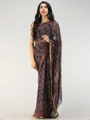 Navy Onion Pink Hand Block Printed Chiffon Saree with Zari Border - S031704562
