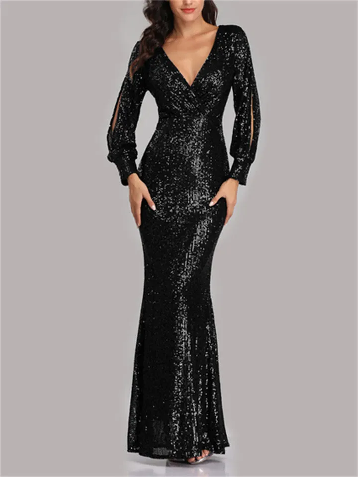 New Sexy V-neck Mermaid Sequins Design Long Sleeve Evening Dresses