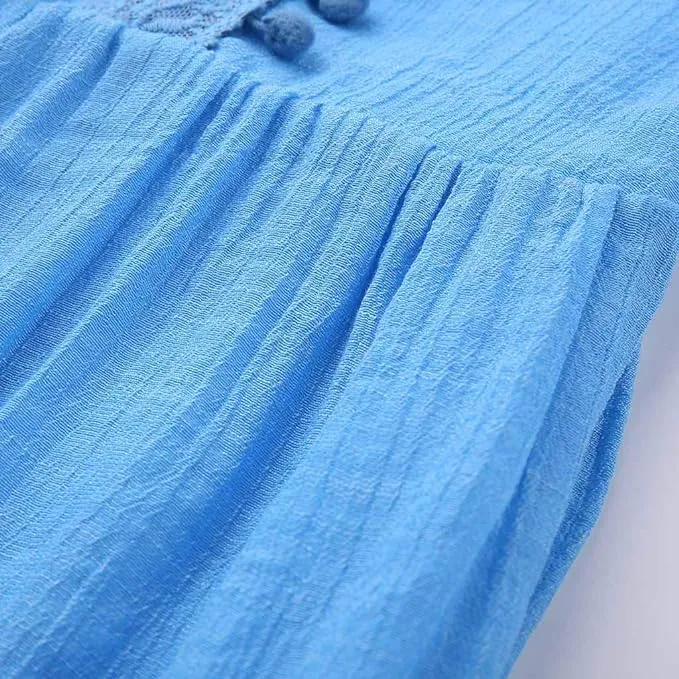 NEW Women's Summer Boho Maxi Dress Loose Fit Lace Crochet Tassel V-Neck Long Dress Beach Casual Cocktail Dresses, Blue, Tag Says 2XL, For Baggy Look - Would Suit Someone That Takes L or XL Regular Sz