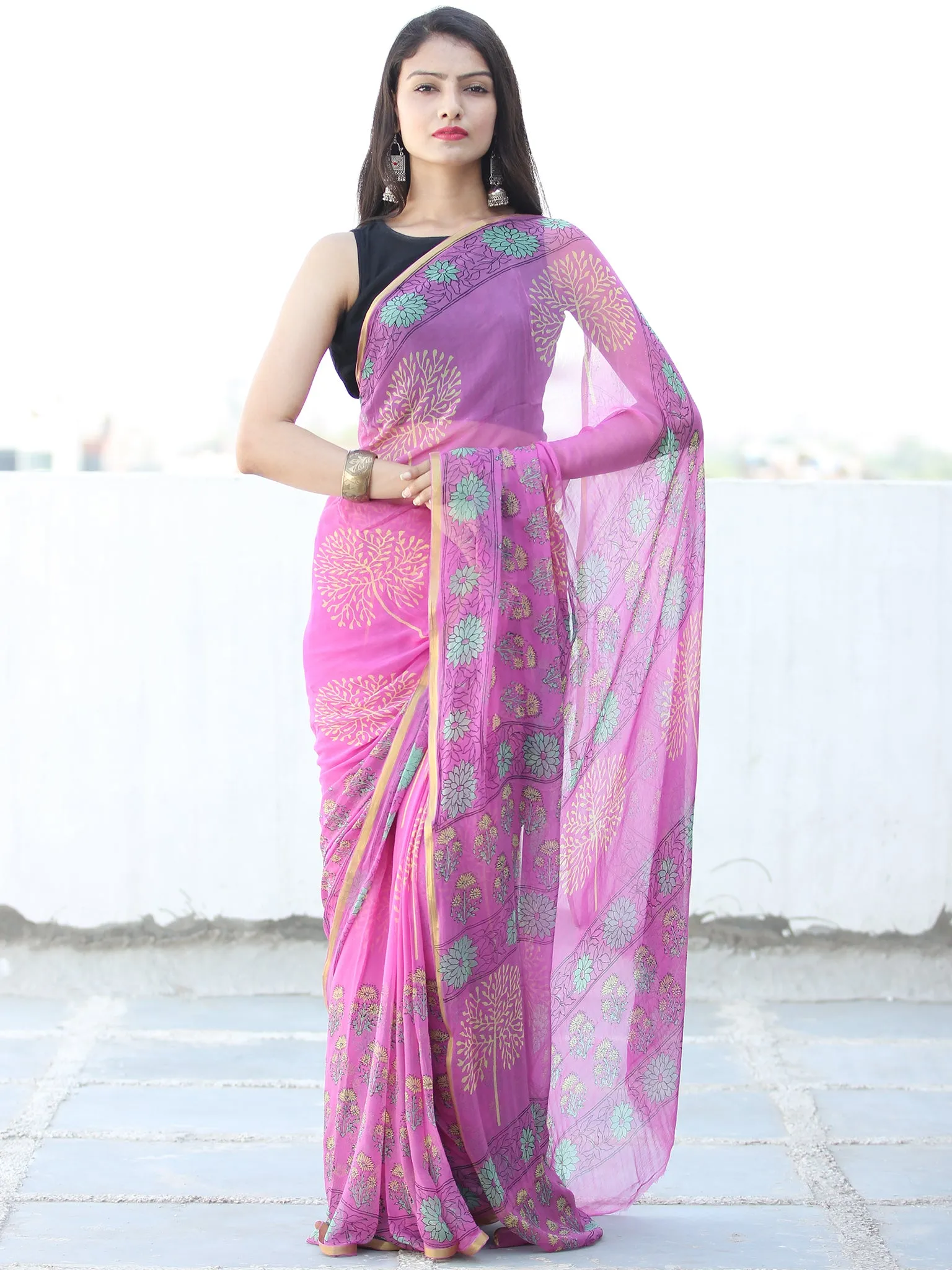 Onion Pink Yellow Hand Block Printed Chiffon Saree with Zari Border - S031703943