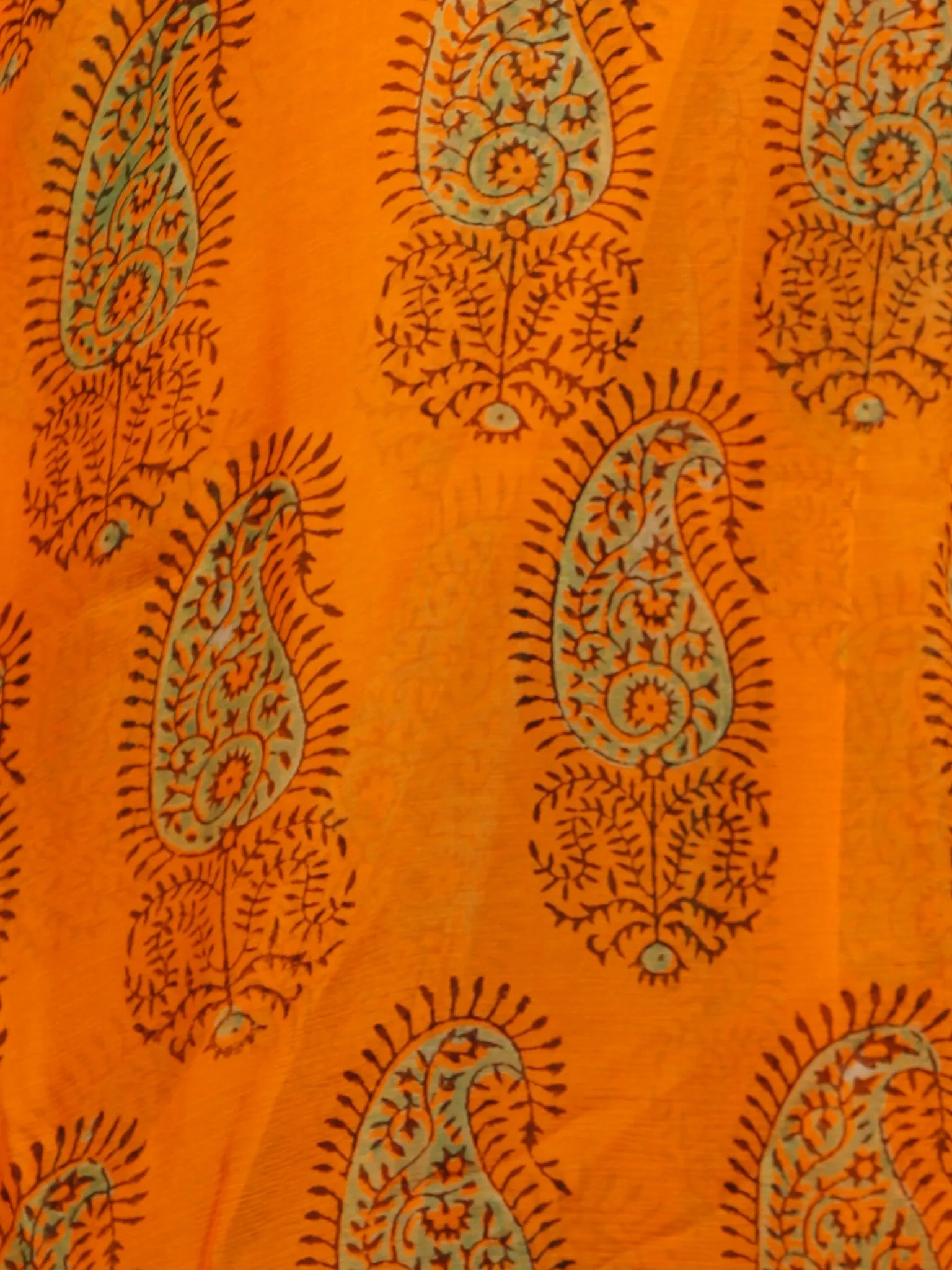 Orange Green Hand Block Printed Chiffon Saree with Zari Border - S031703297