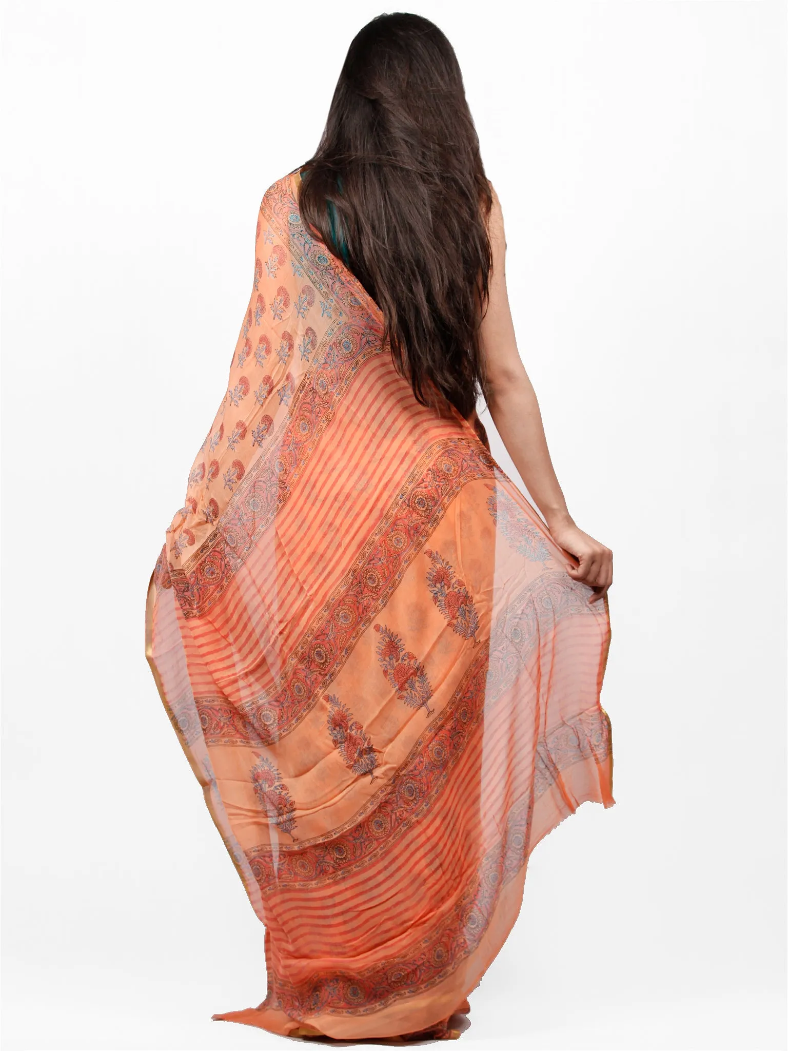 Peach Red Blue Hand Block Printed Chiffon Saree with Zari Border - S031703277