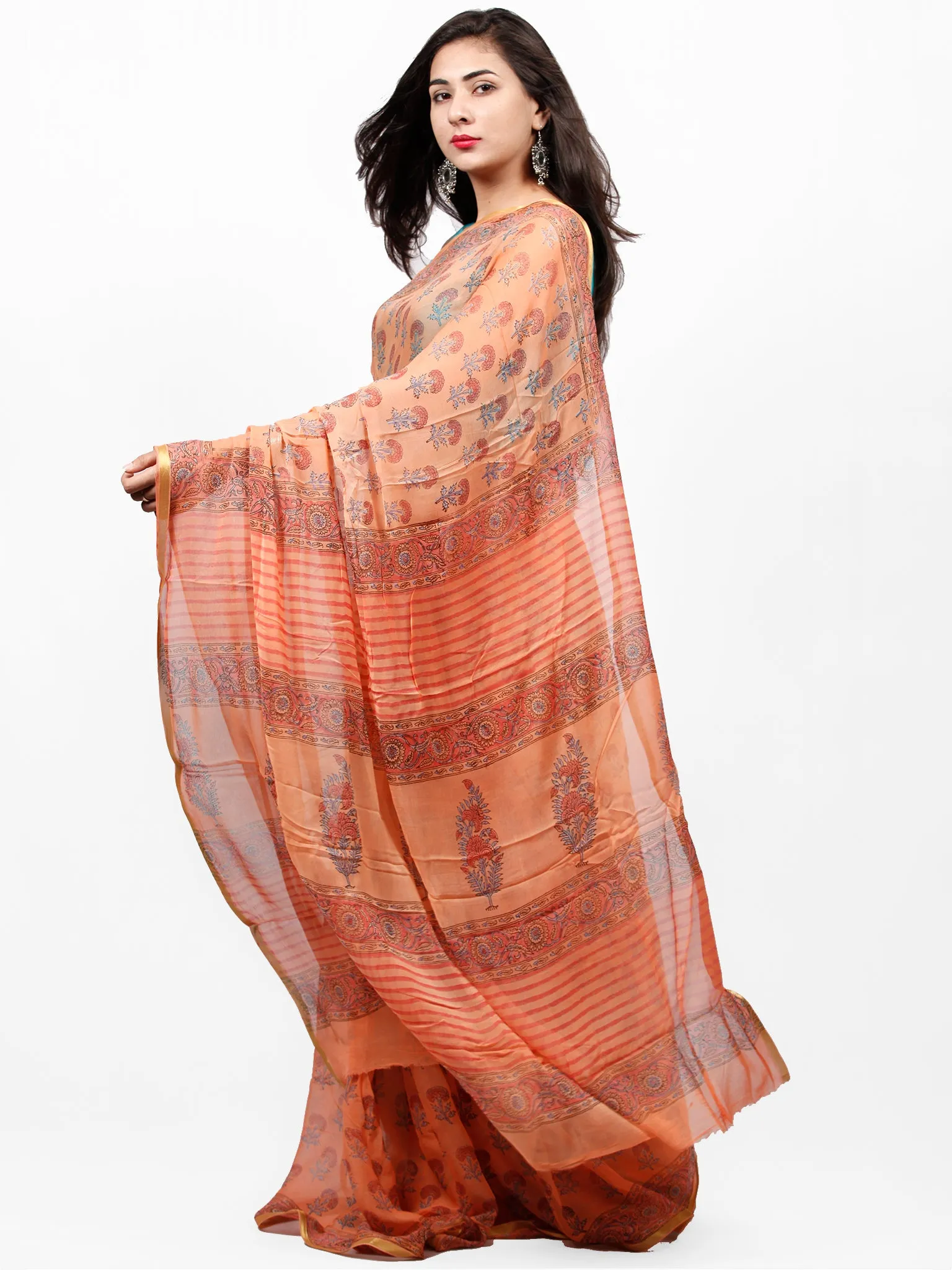 Peach Red Blue Hand Block Printed Chiffon Saree with Zari Border - S031703277