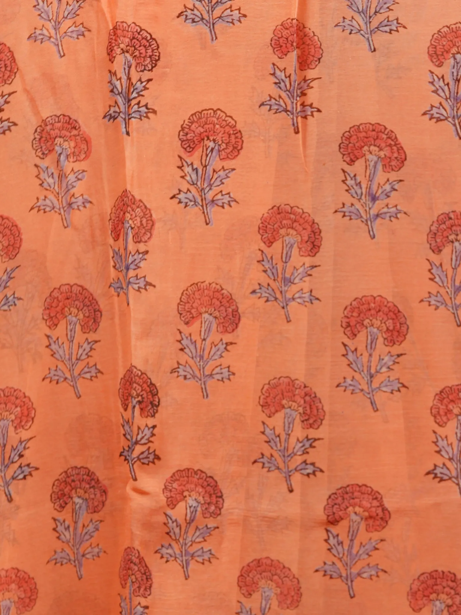 Peach Red Blue Hand Block Printed Chiffon Saree with Zari Border - S031703277