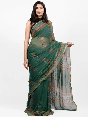 Pine Green Orange Hand Block Printed Chiffon Saree with Zari Border - S031703245