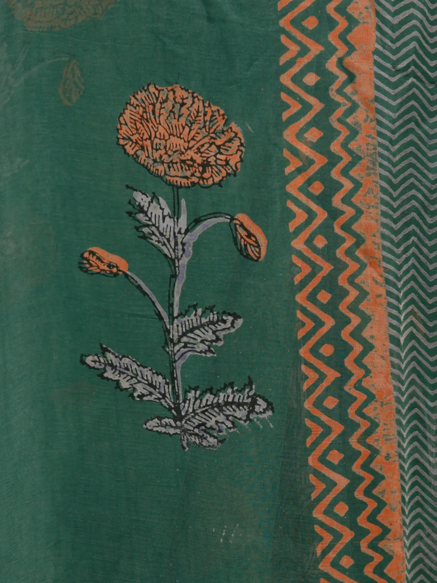 Pine Green Orange Hand Block Printed Chiffon Saree with Zari Border - S031703245