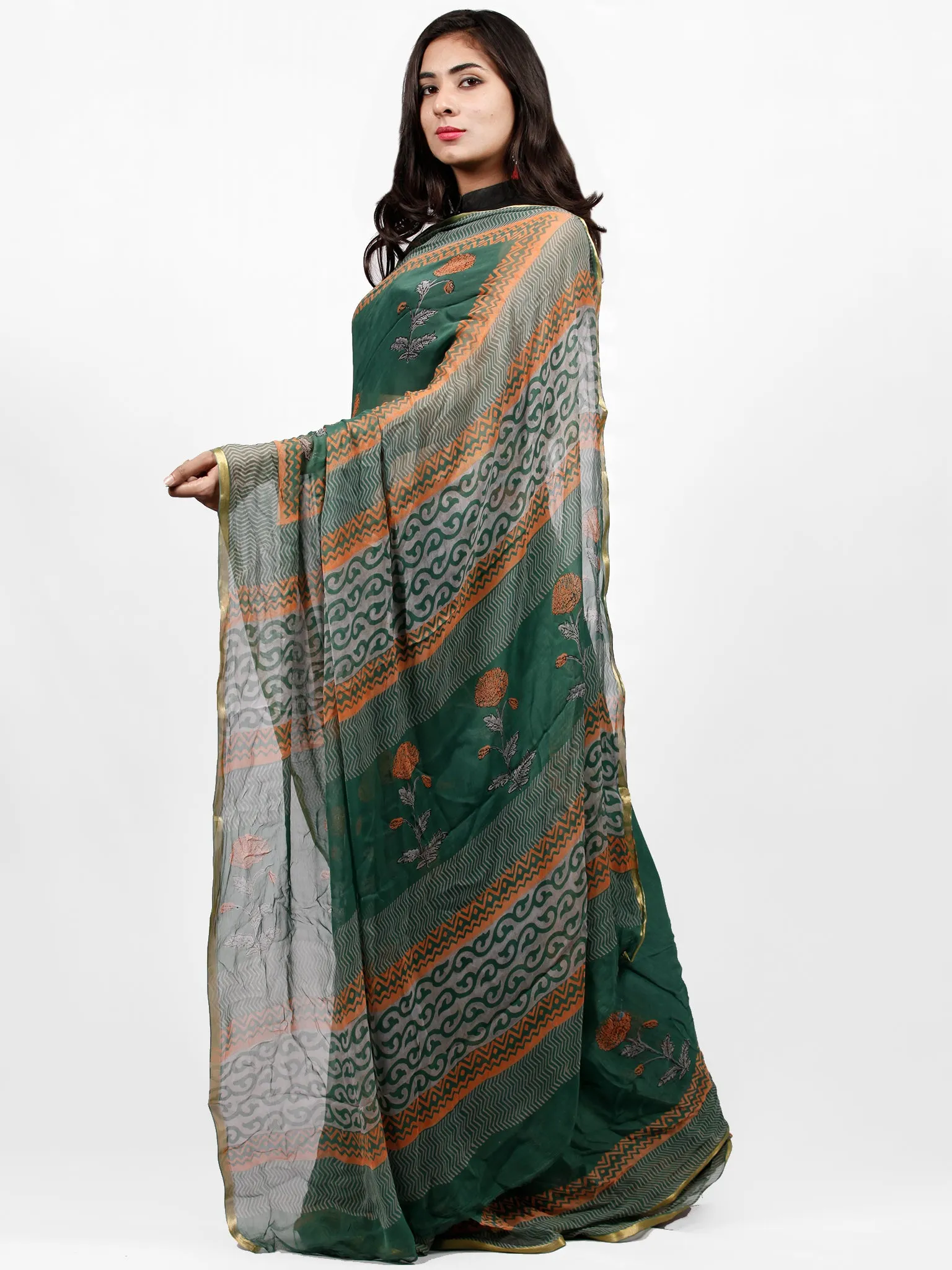 Pine Green Orange Hand Block Printed Chiffon Saree with Zari Border - S031703245