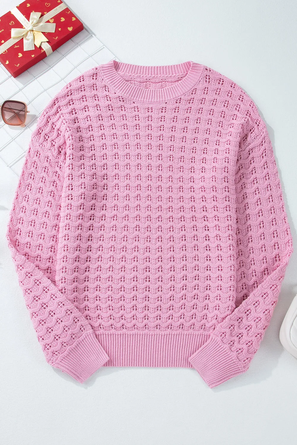 Pink Crochet Knit Drop Shoulder Sweater