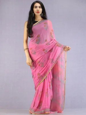 Pink Green Yellow Hand Block Printed Chiffon Saree with Zari Border - S031704618
