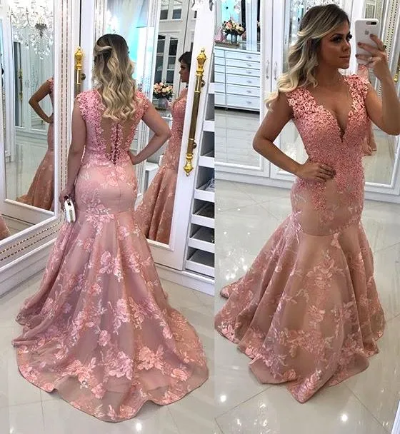 pink lace evening dresses long v neck beaded mermaid embroidery applique modest elegant evening gown