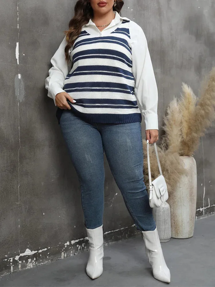 Plus Size Striped V Neck Sweater Spring