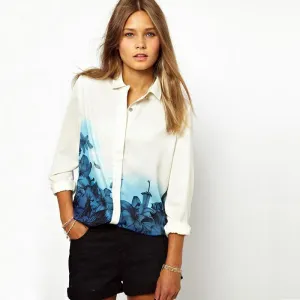 Printing Waist Fashion Style Retro Plus Size Stand Collar Full Sleeve Chiffon Shirt Women