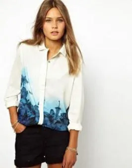 Printing Waist Fashion Style Retro Plus Size Stand Collar Full Sleeve Chiffon Shirt Women