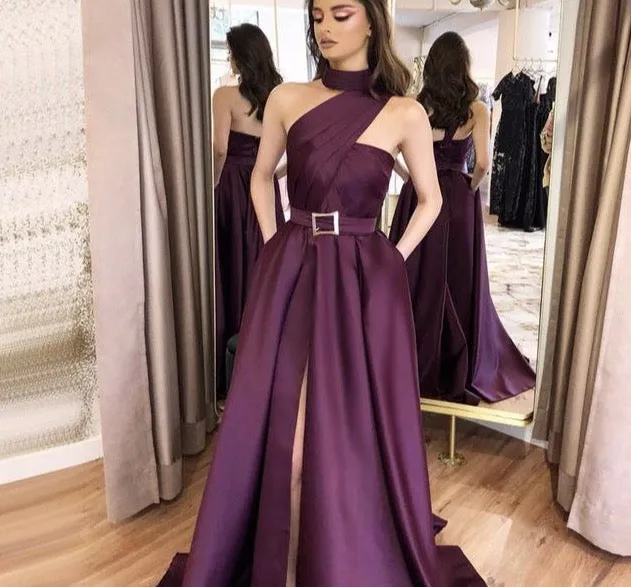 Purple One Shoulder Sexy Satin Evening Dresses High Neck Ruched Simple Evening Gowns Long