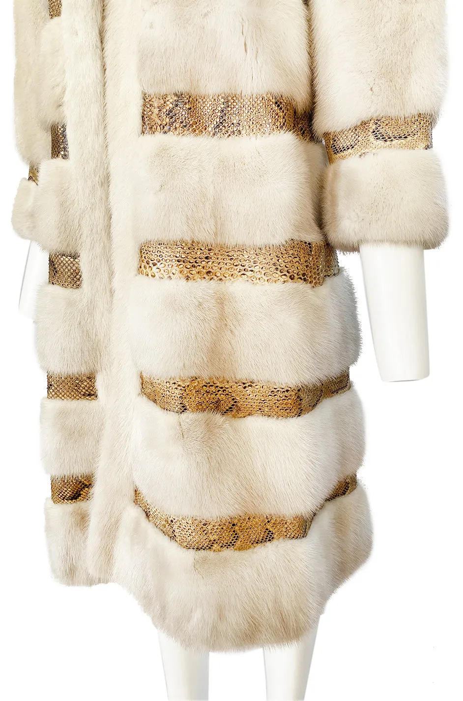 Rare 1960s Christian Dior Pale Ivory Mink Coat w Python Snake Insets