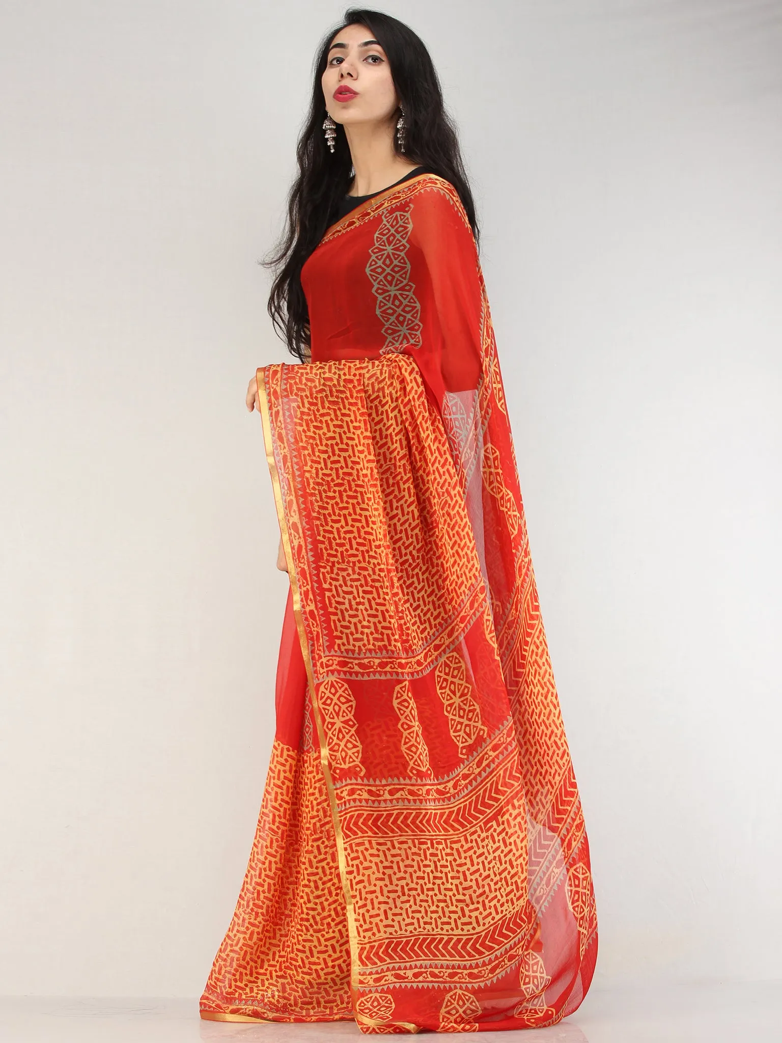Red Yellow Hand Block Printed Chiffon Saree with Zari Border - S031704559