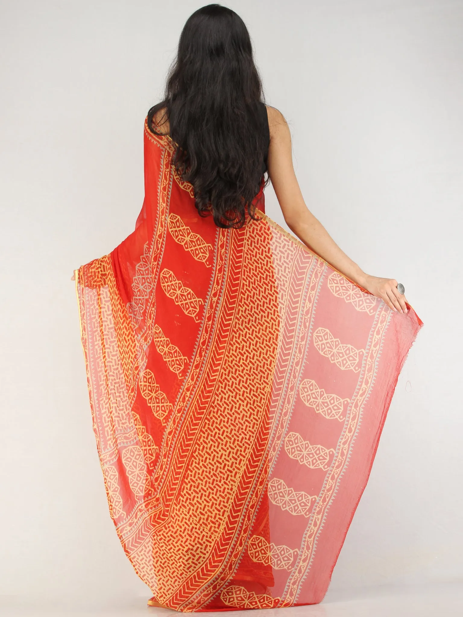 Red Yellow Hand Block Printed Chiffon Saree with Zari Border - S031704559