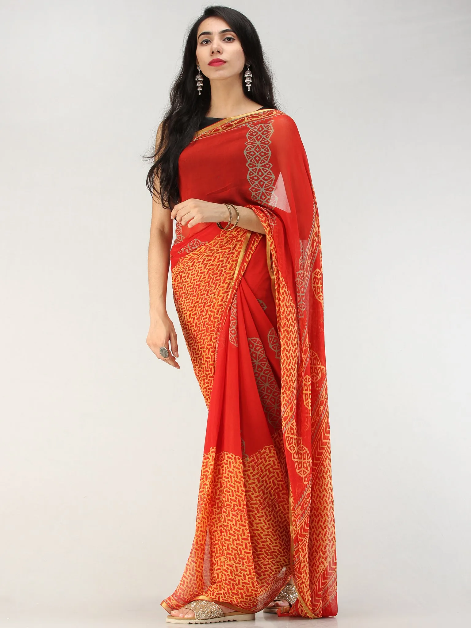 Red Yellow Hand Block Printed Chiffon Saree with Zari Border - S031704559