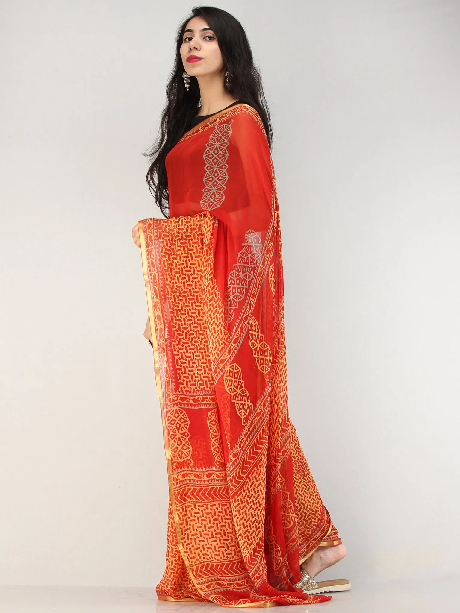 Red Yellow Hand Block Printed Chiffon Saree with Zari Border - S031704559
