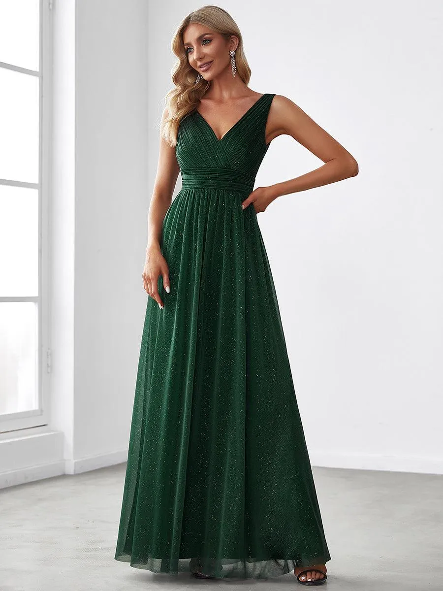 Robe de Soirée Longue Scintillante à Col en V Profond