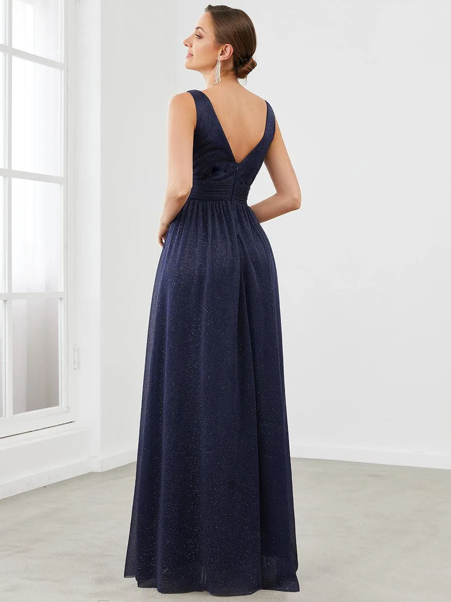 Robe de Soirée Longue Scintillante à Col en V Profond