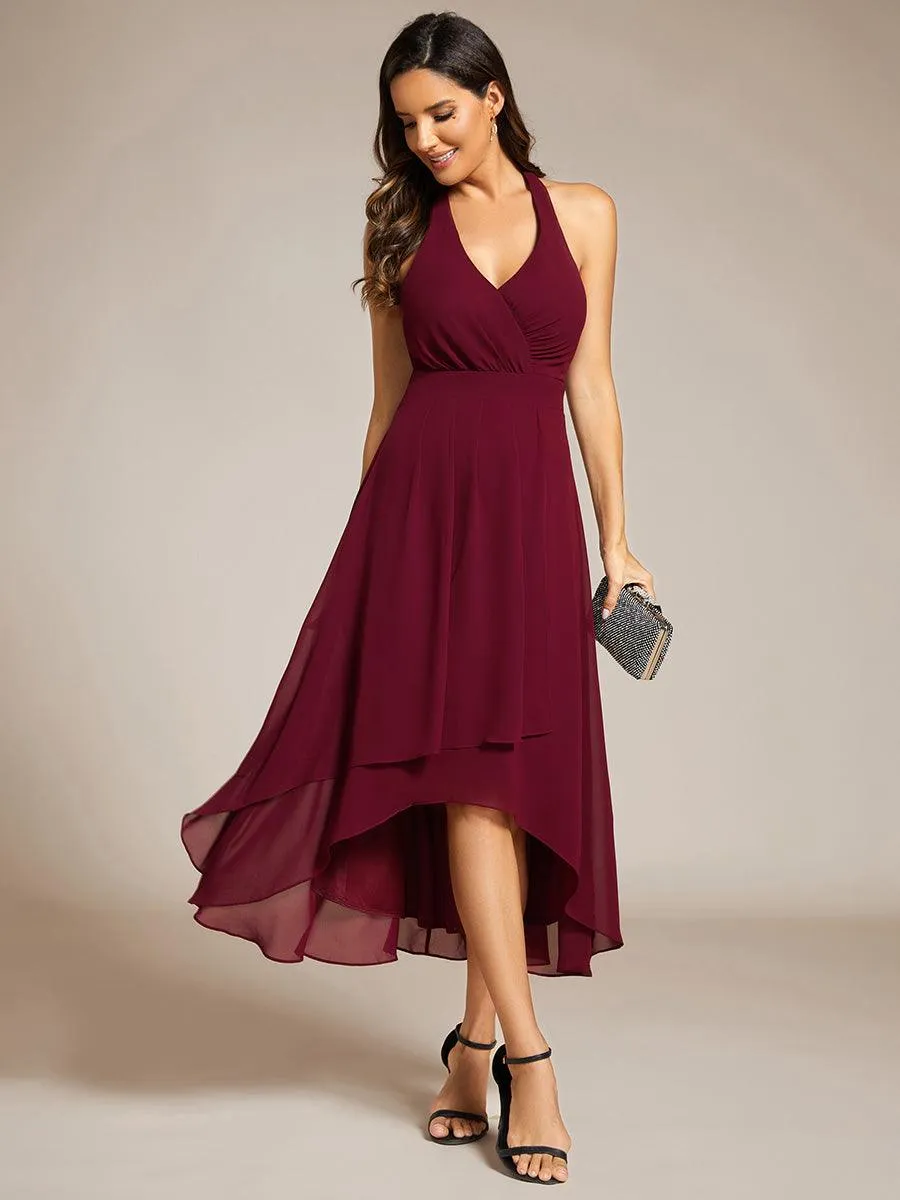 Robe d'invité de mariage en mousseline de soie dos nu dos nu à lacets haute et basse