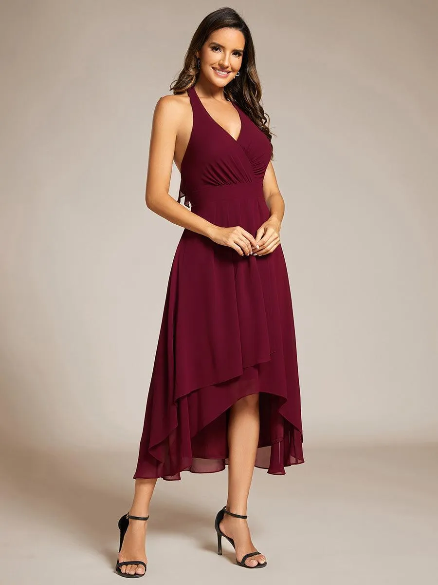 Robe d'invité de mariage en mousseline de soie dos nu dos nu à lacets haute et basse