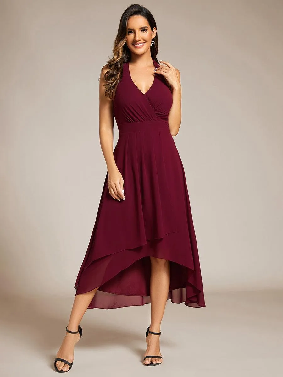 Robe d'invité de mariage en mousseline de soie dos nu dos nu à lacets haute et basse