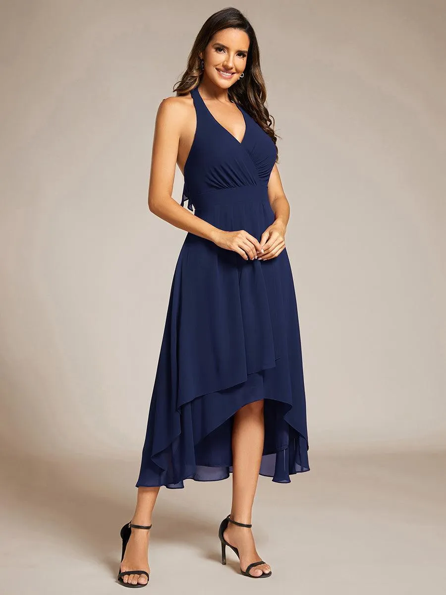 Robe d'invité de mariage en mousseline de soie dos nu dos nu à lacets haute et basse