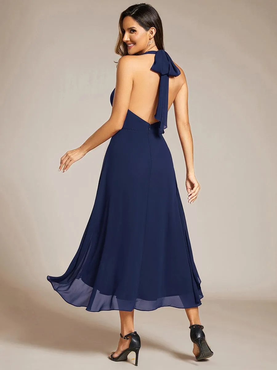 Robe d'invité de mariage en mousseline de soie dos nu dos nu à lacets haute et basse