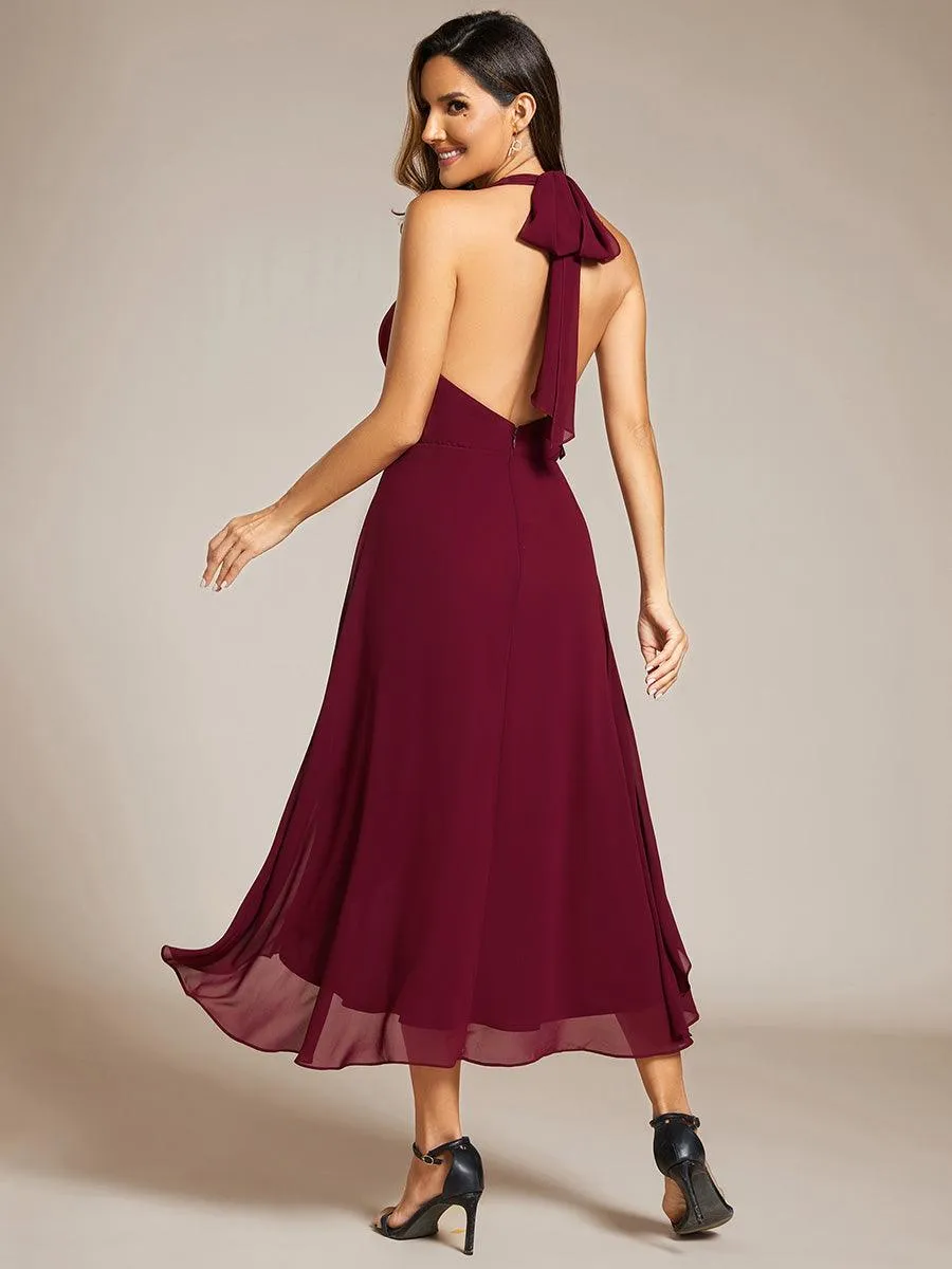 Robe d'invité de mariage en mousseline de soie dos nu dos nu à lacets haute et basse
