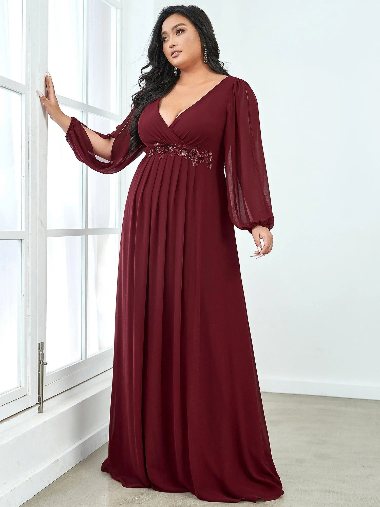 Robe Mère De La Mariée moderne Longue Elegante Avec Lanterne en V Profond