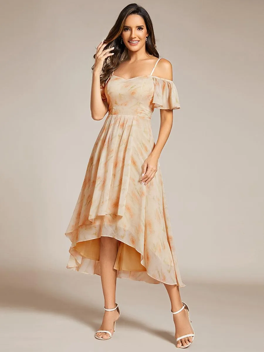 Robes d'invitées de mariage en mousseline  épaules dénudées  hautes et basses  manches courtes