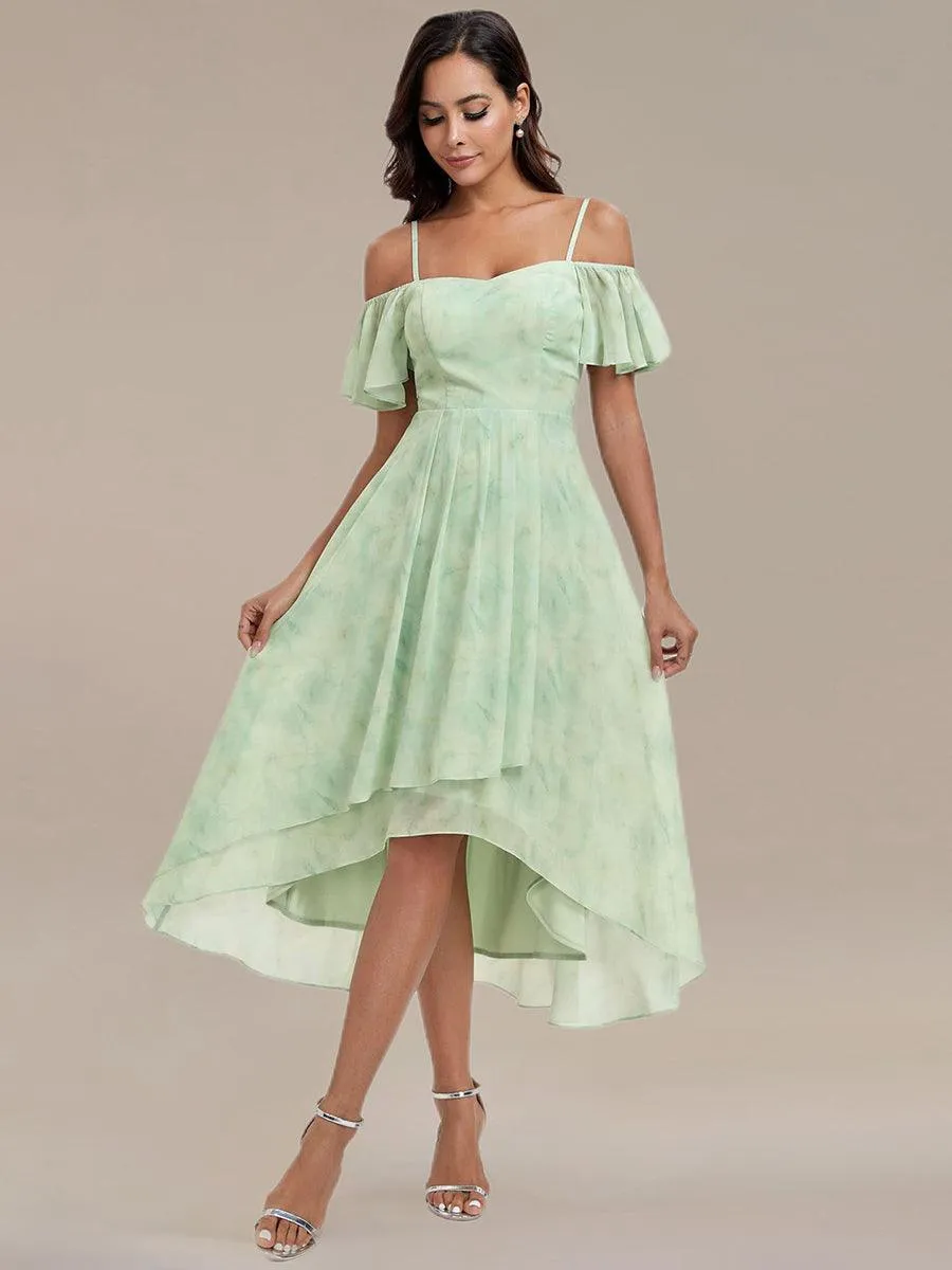 Robes d'invitées de mariage en mousseline  épaules dénudées  hautes et basses  manches courtes